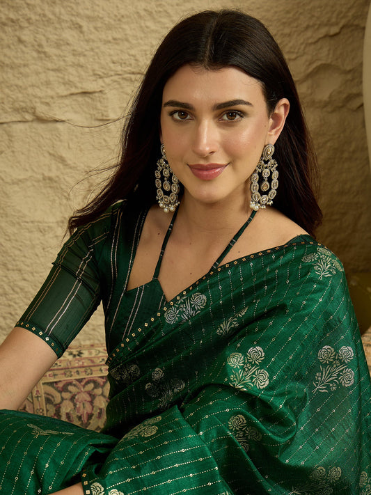 Green Silk Blend Silver Foil Print Saree - Ressa