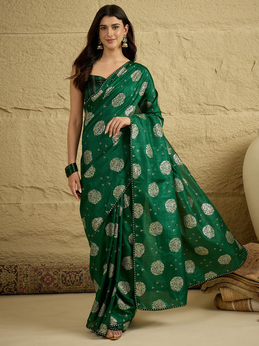 Green Silk Blend Traditional Buta Motif Saree - Ressa