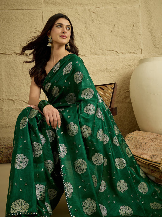 Green Silk Blend Traditional Buta Motif Saree - Ressa