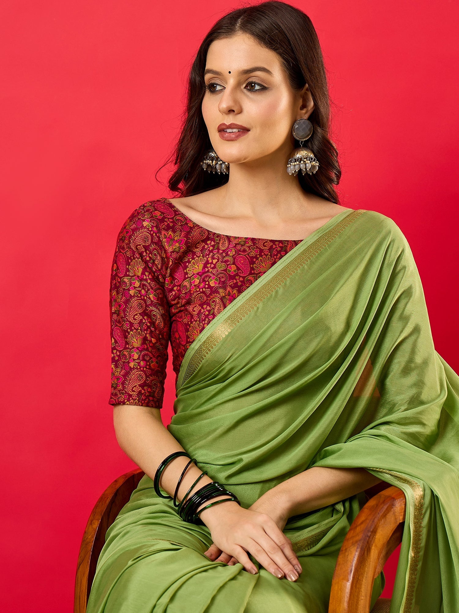 Green Solid Zari Embroidery olyester Scalloped Border - Ressa