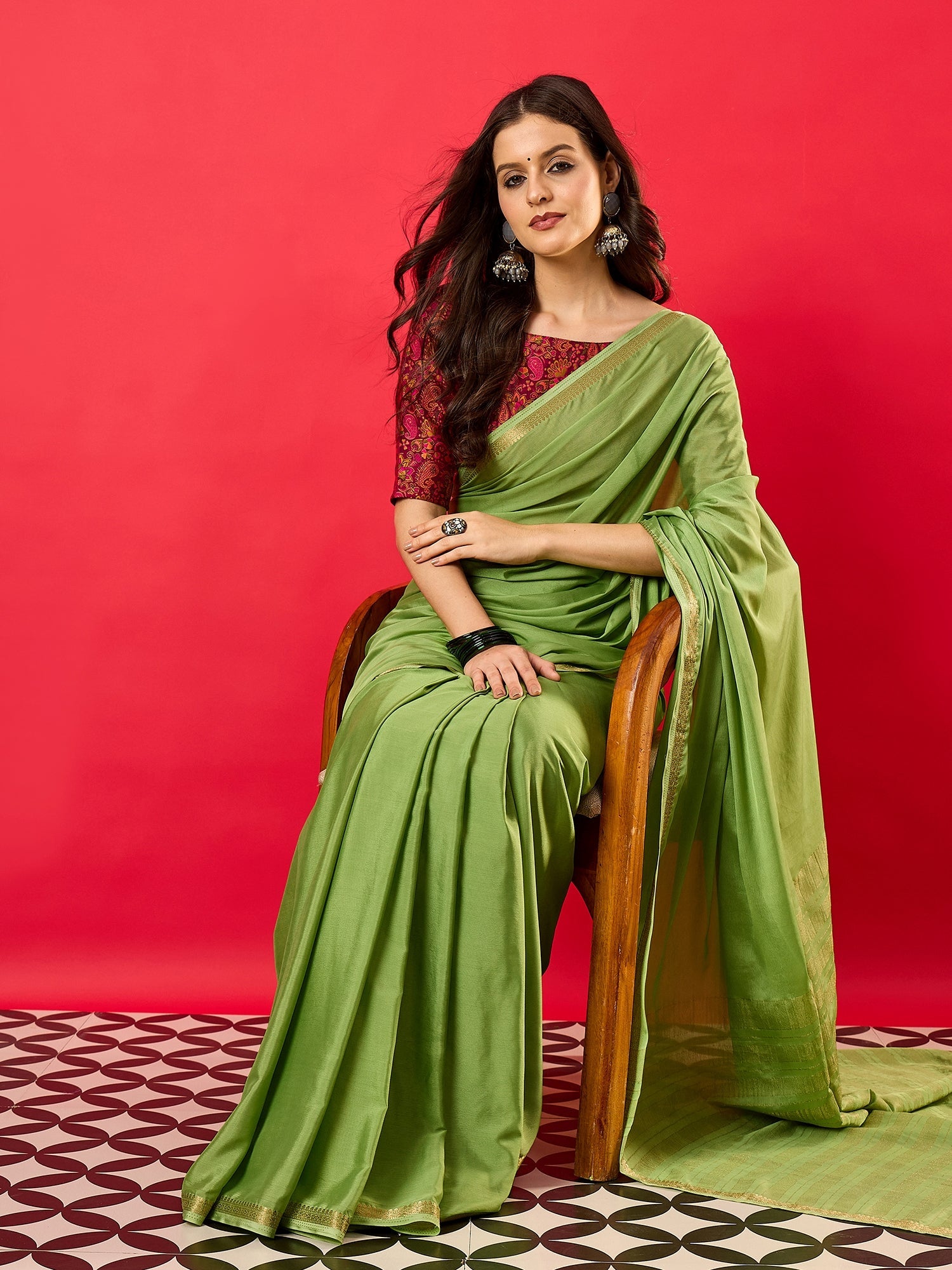 Green Solid Zari Embroidery olyester Scalloped Border - Ressa