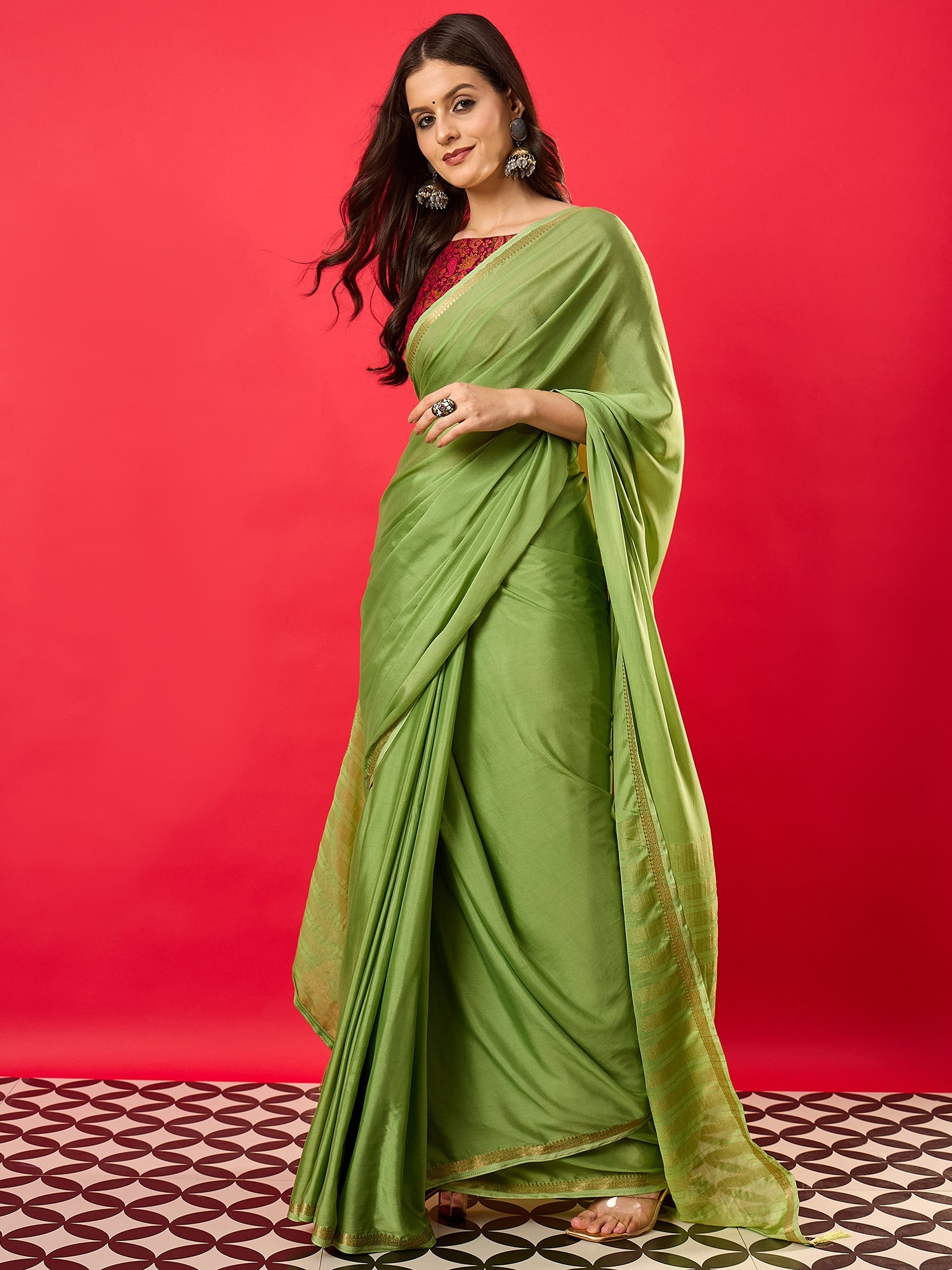 Green Solid Zari Embroidery olyester Scalloped Border - Ressa