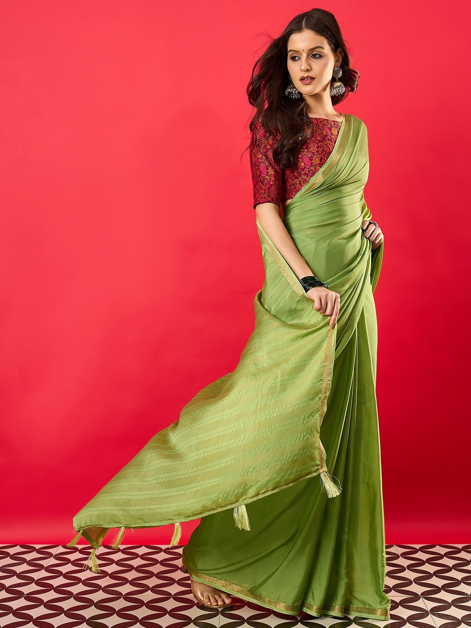 Green Solid Zari Embroidery olyester Scalloped Border - Ressa