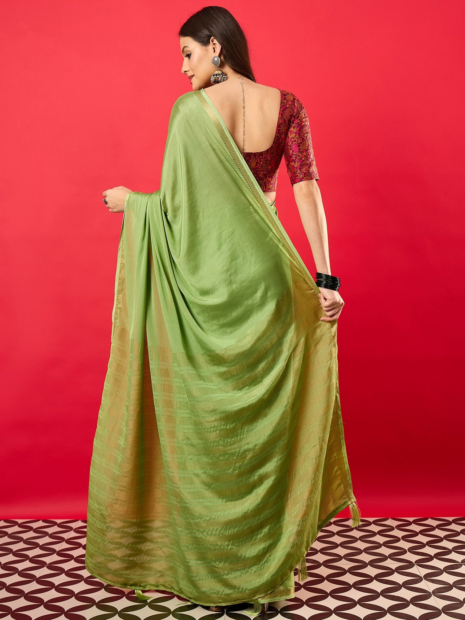 Green Solid Zari Embroidery olyester Scalloped Border - Ressa