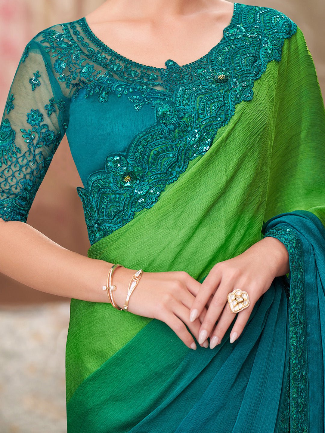 Green Teal Ombre Silk Blend Embroidered Border Designer Blouse Saree - Ressa