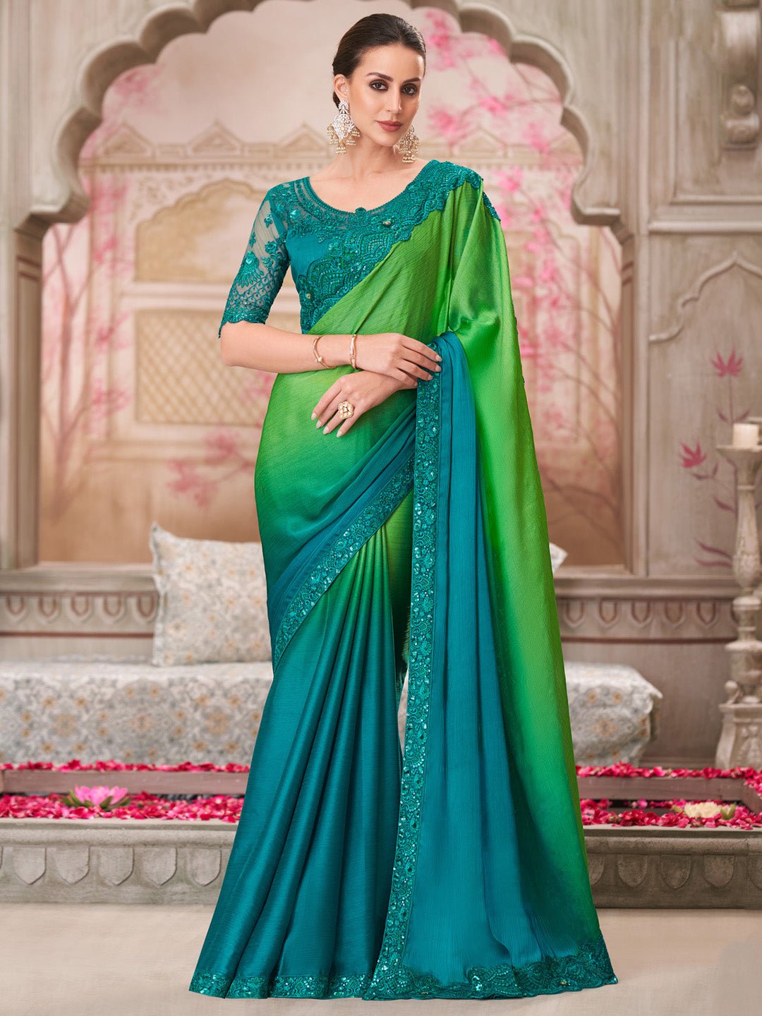 Green Teal Ombre Silk Blend Embroidered Border Designer Blouse Saree - Ressa