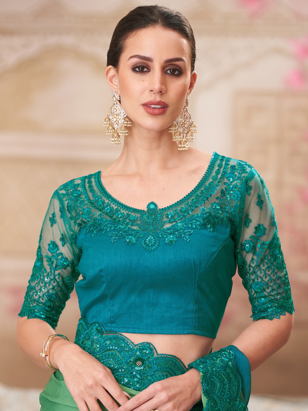 Green Teal Ombre Silk Blend Embroidered Border Designer Blouse Saree - Ressa