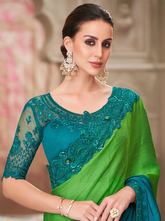 Green Teal Ombre Silk Blend Embroidered Border Designer Blouse Saree - Ressa