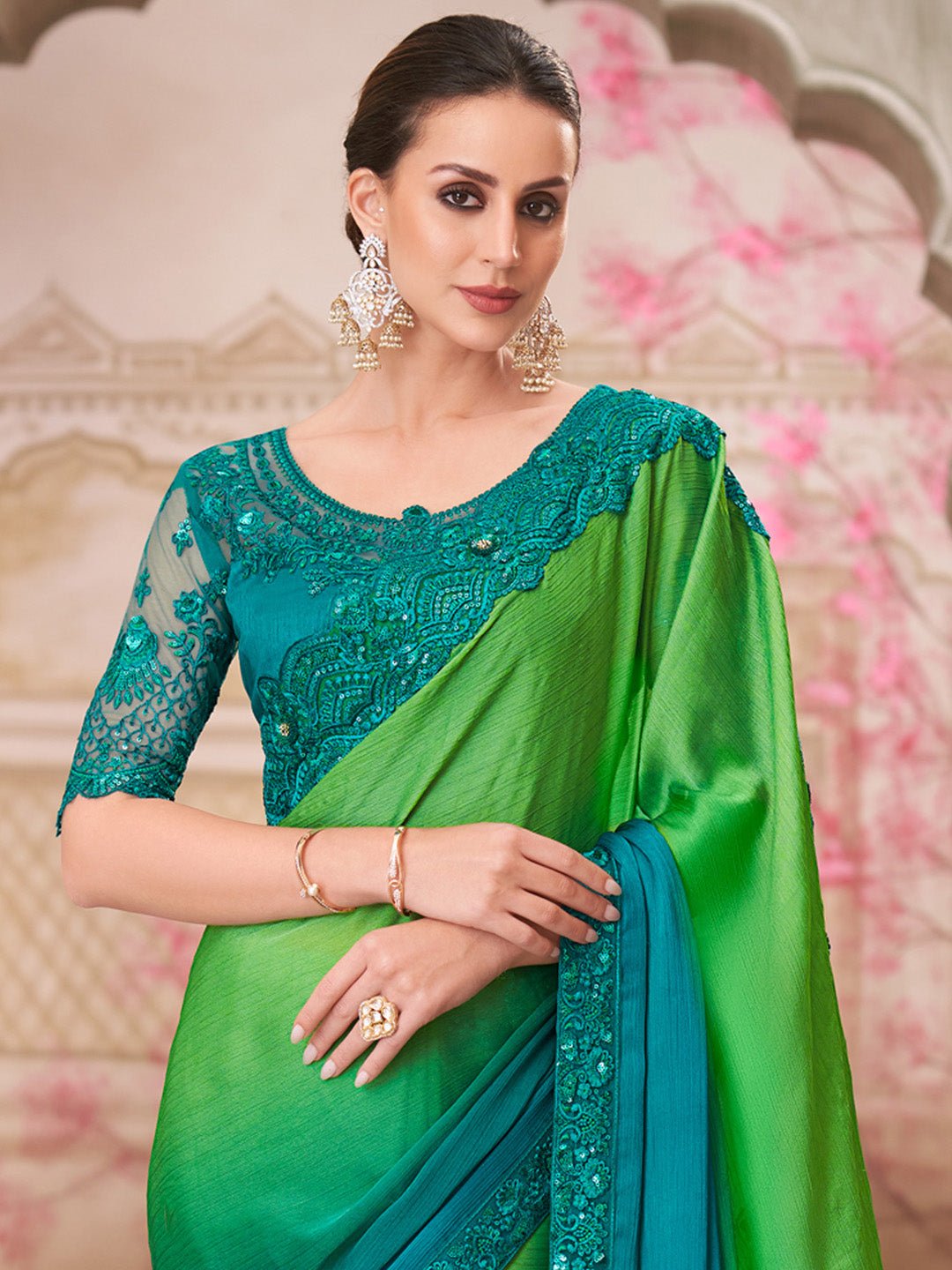 Green Teal Ombre Silk Blend Embroidered Border Designer Blouse Saree - Ressa