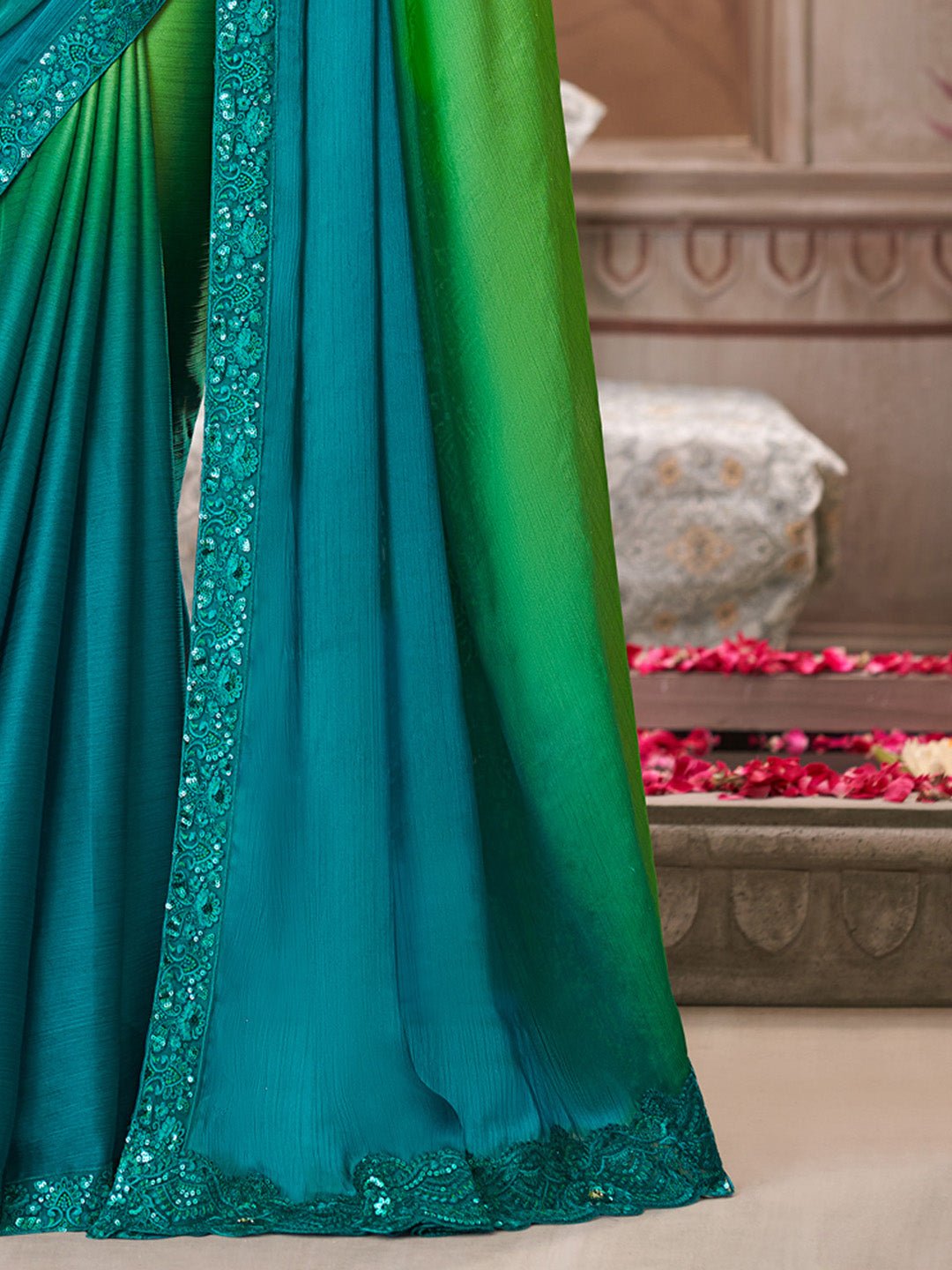 Green Teal Ombre Silk Blend Embroidered Border Designer Blouse Saree - Ressa