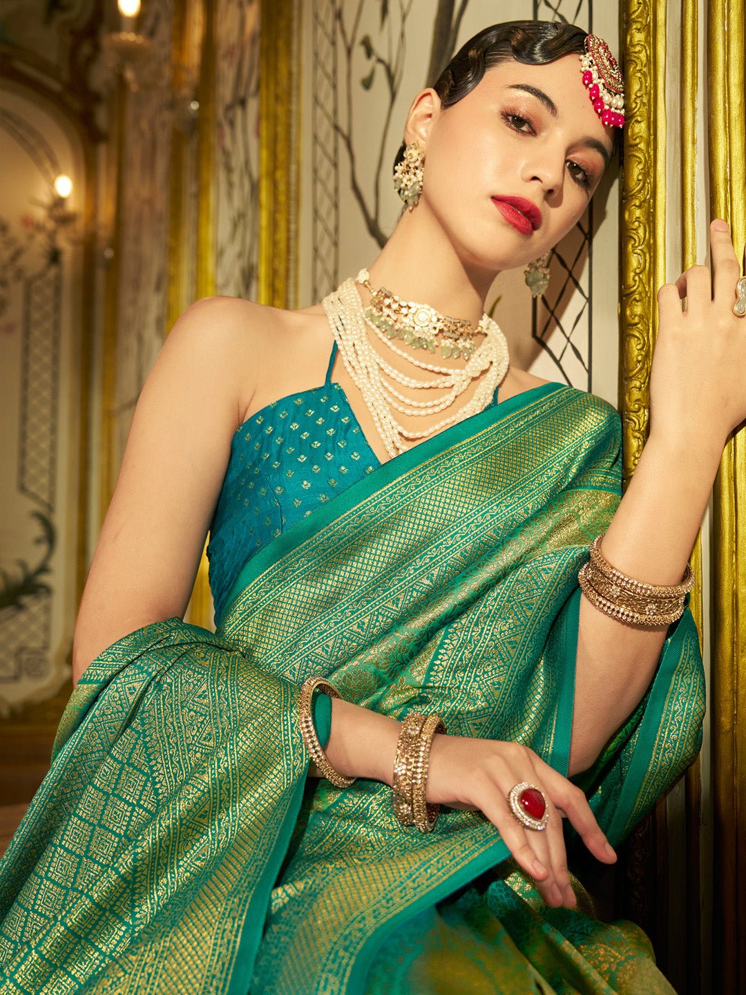 Green & Teal Silk Blend Heritage Banarasi Style Saree - Ressa