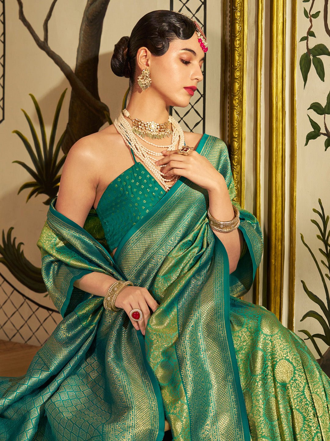 Green & Teal Silk Blend Heritage Banarasi Style Saree - Ressa