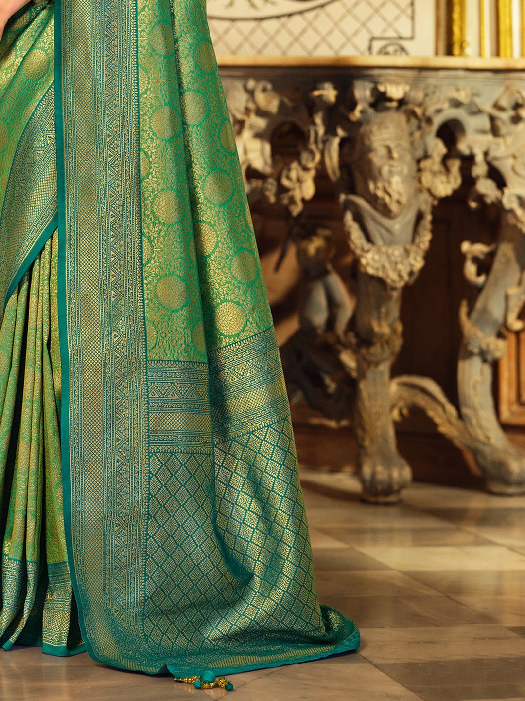 Green & Teal Silk Blend Heritage Banarasi Style Saree - Ressa