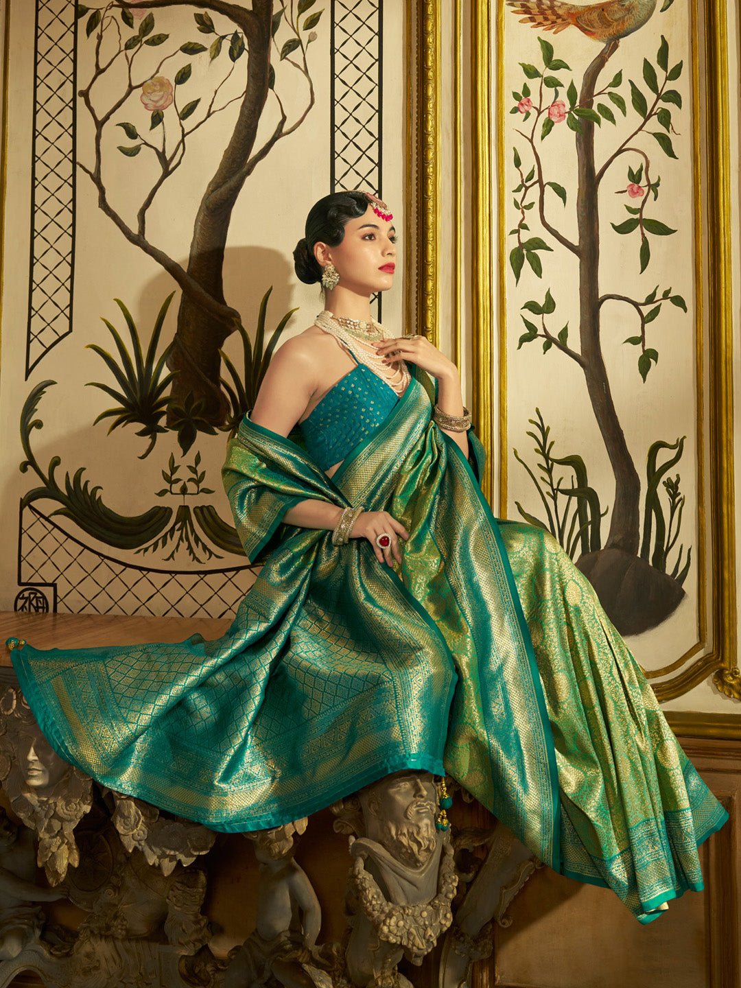 Green & Teal Silk Blend Heritage Banarasi Style Saree - Ressa