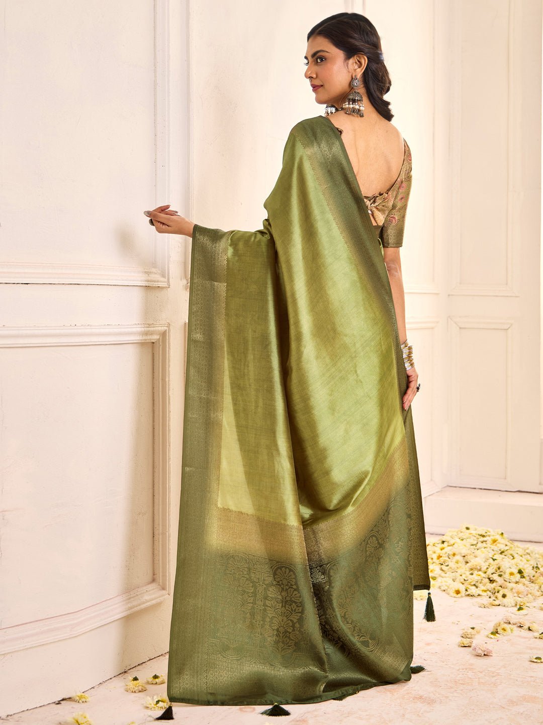 Green Tussar Silk Zari Weaving Saree - Ressa