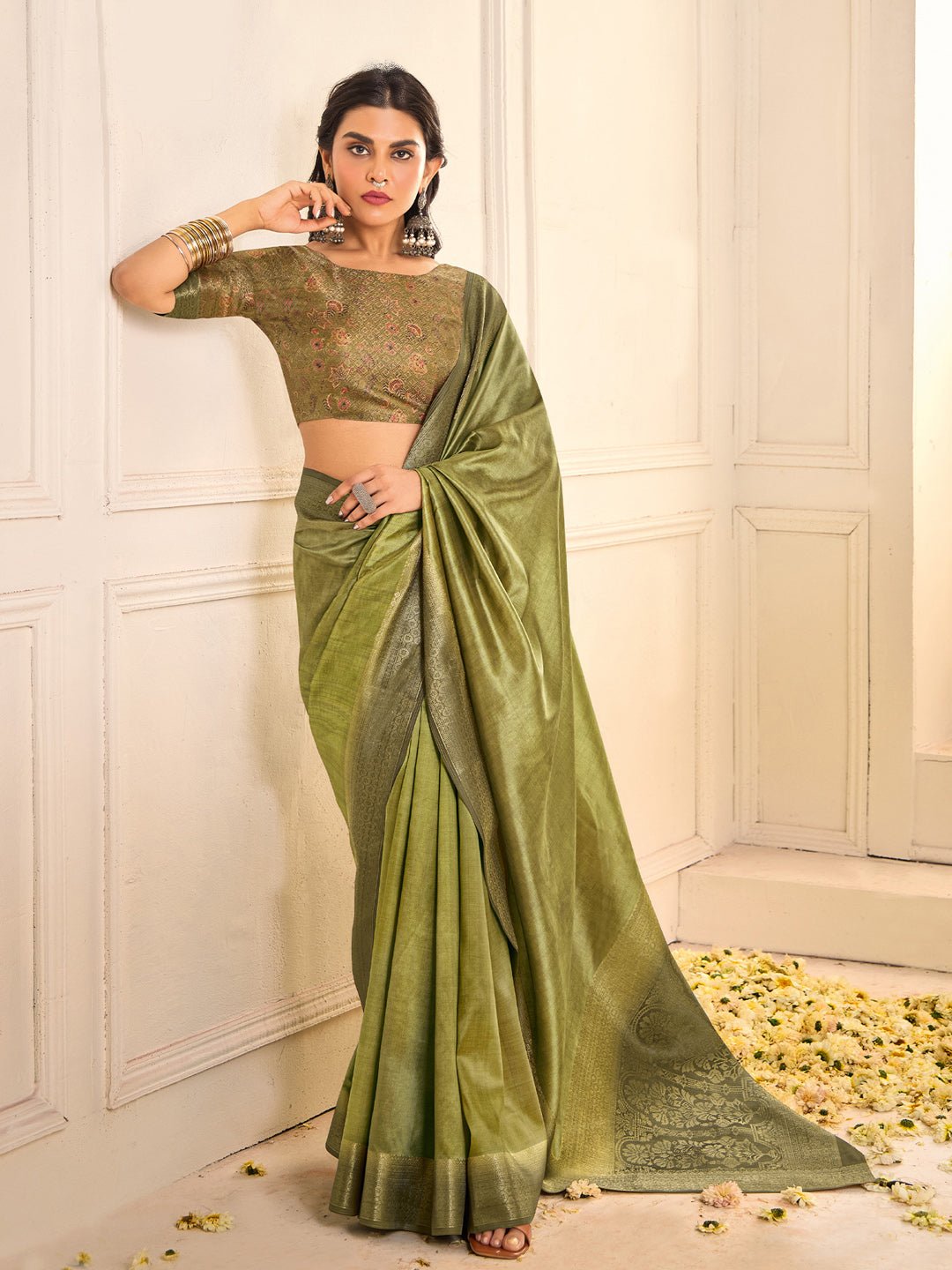 Green Tussar Silk Zari Weaving Saree - Ressa