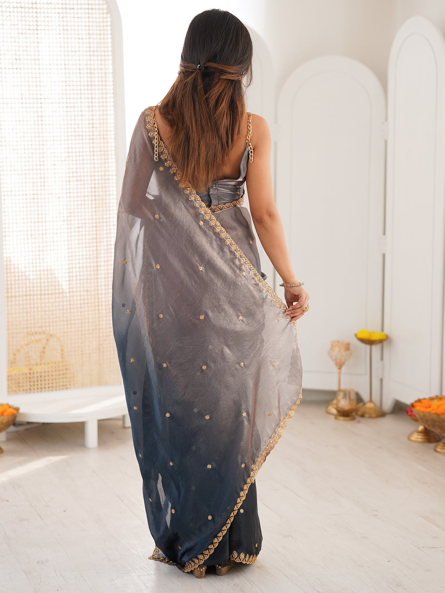 Grey and Blue Shimmer Georgette Mirror & Sequin Embroidered Border Blouse Saree - Ressa