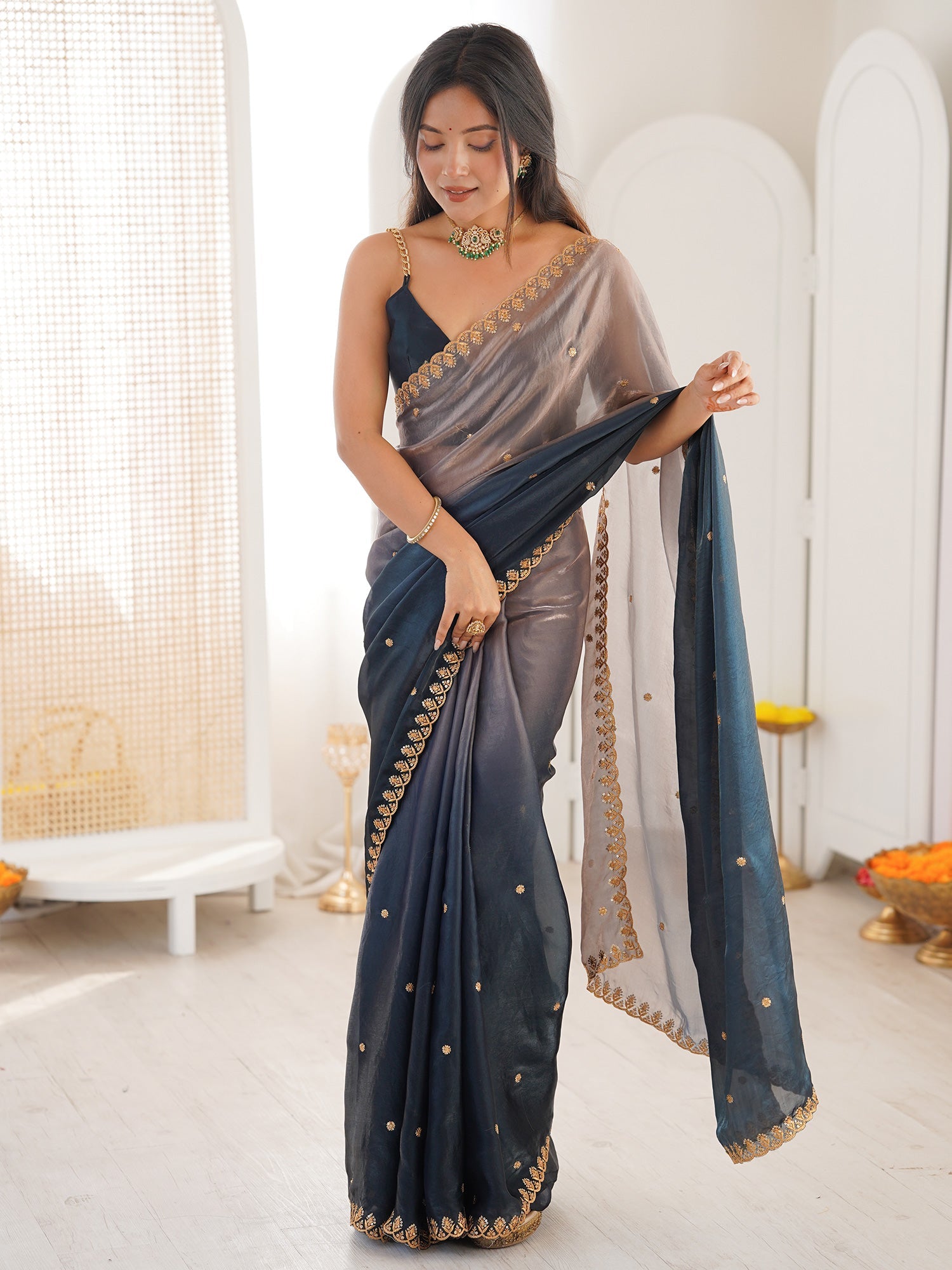 Grey and Blue Shimmer Georgette Mirror & Sequin Embroidered Border Blouse Saree - Ressa
