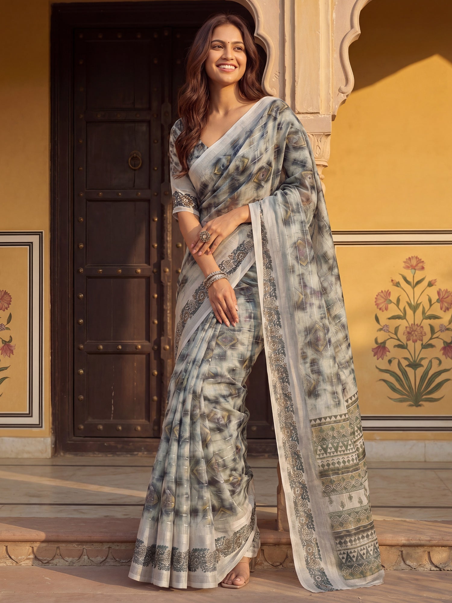 Grey and Off-White Shibori Printed Saree - Ressa