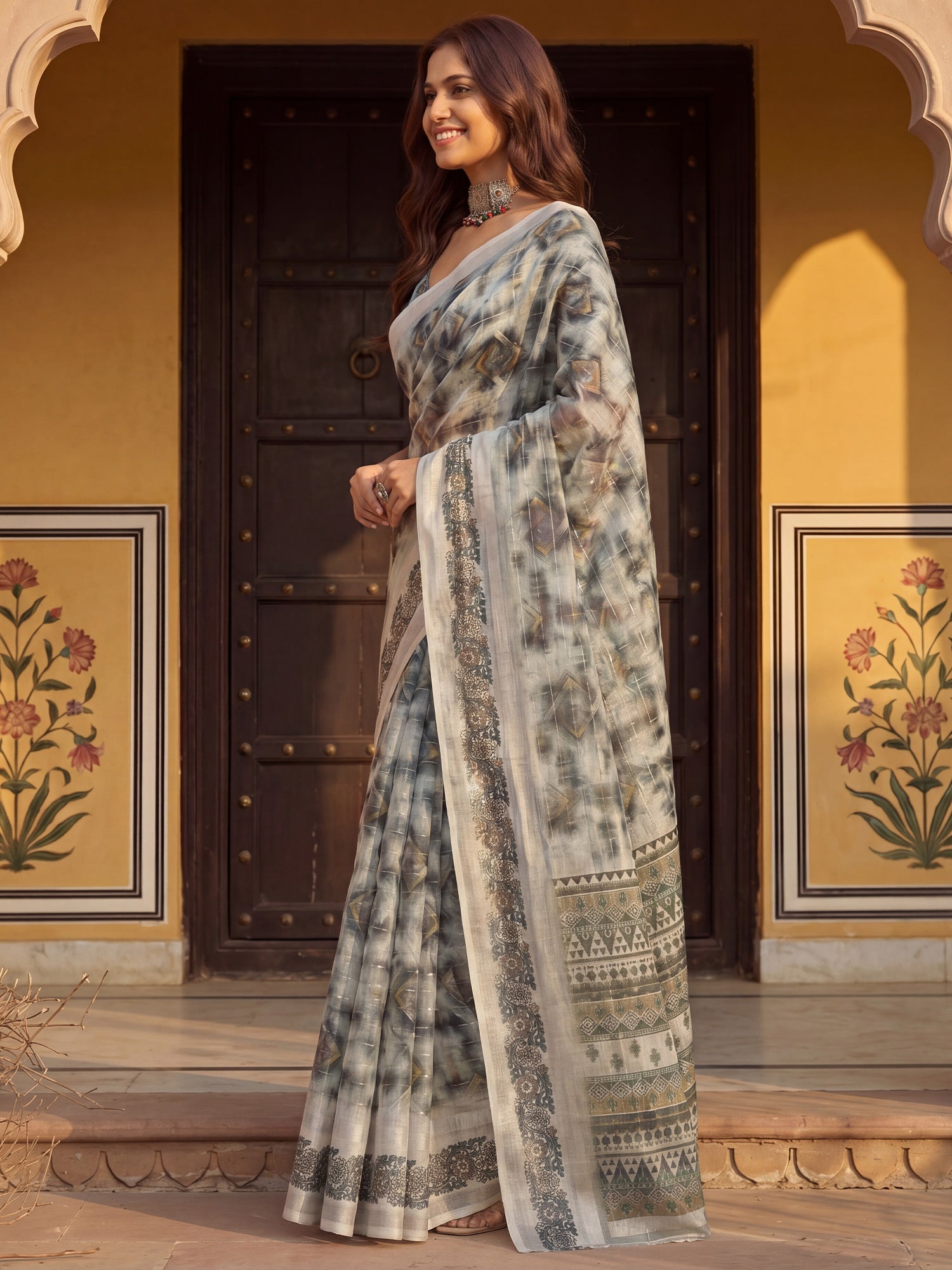 Grey and Off-White Shibori Printed Saree - Ressa