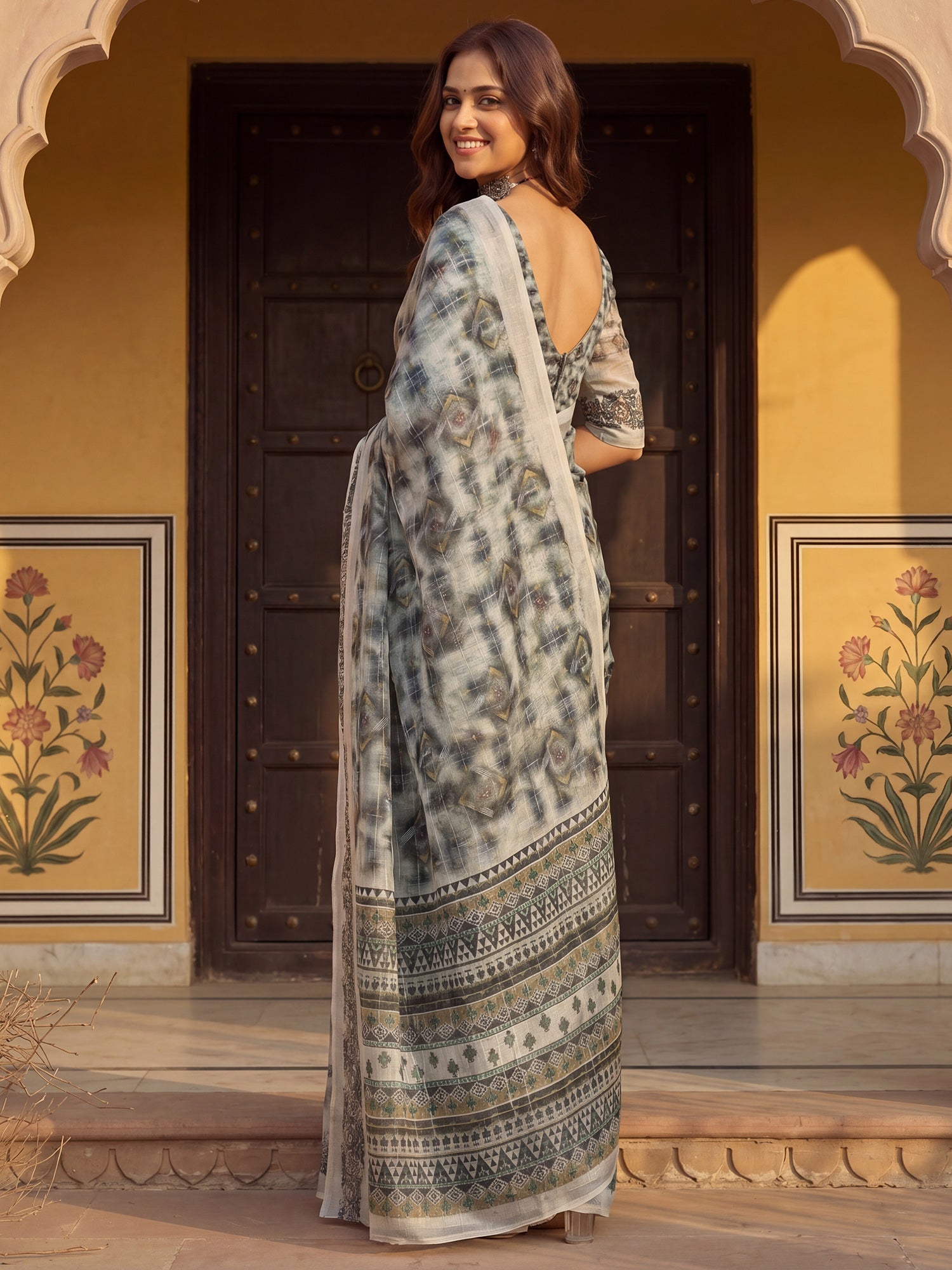 Grey and Off-White Shibori Printed Saree - Ressa