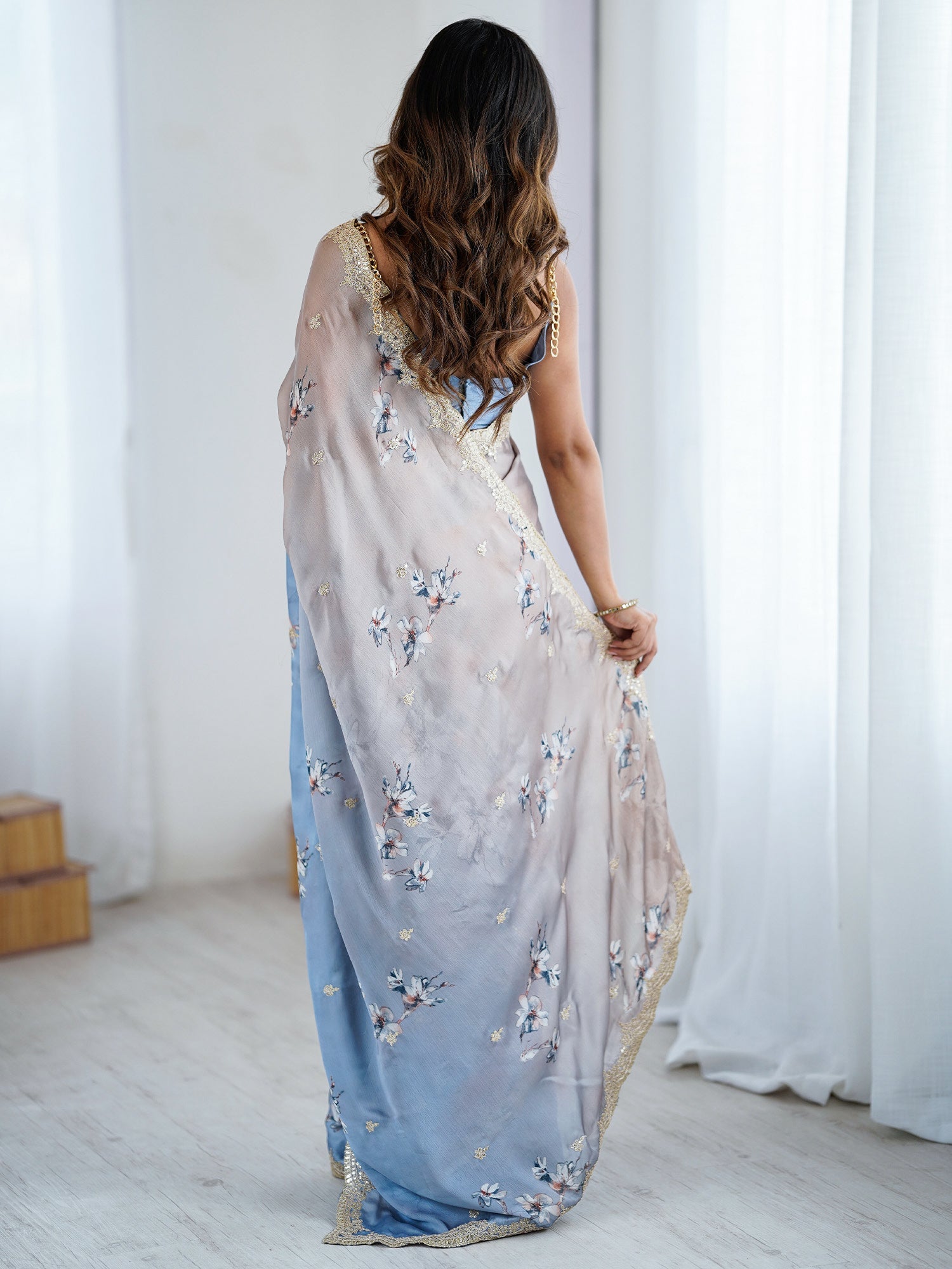 Grey and Sky Blue Ombre Chiffon Saree - Ressa