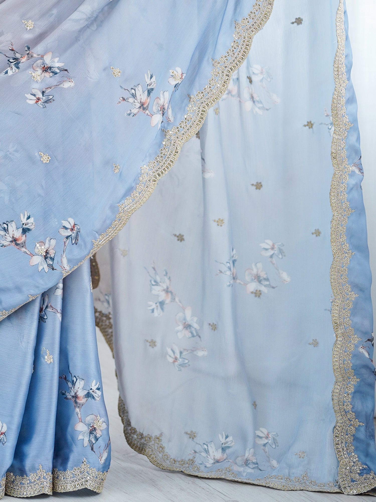 Grey and Sky Blue Ombre Chiffon Saree - Ressa