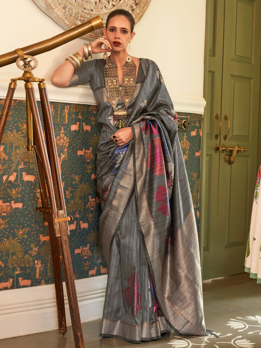 Grey Banarasi Silk Blend Saree - Ressa