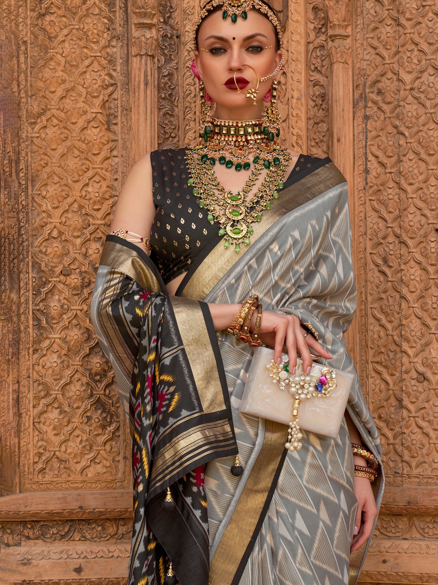 Grey & Black Silk Patola Print Saree - Ressa