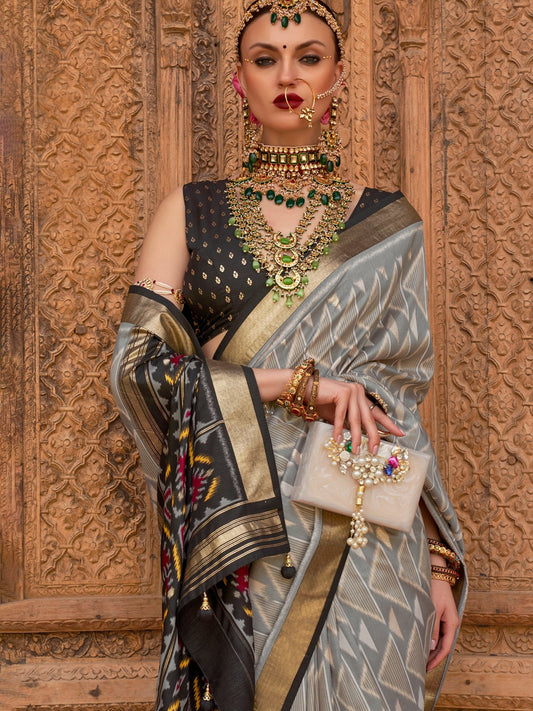 Grey & Black Silk Patola Print Saree - Ressa