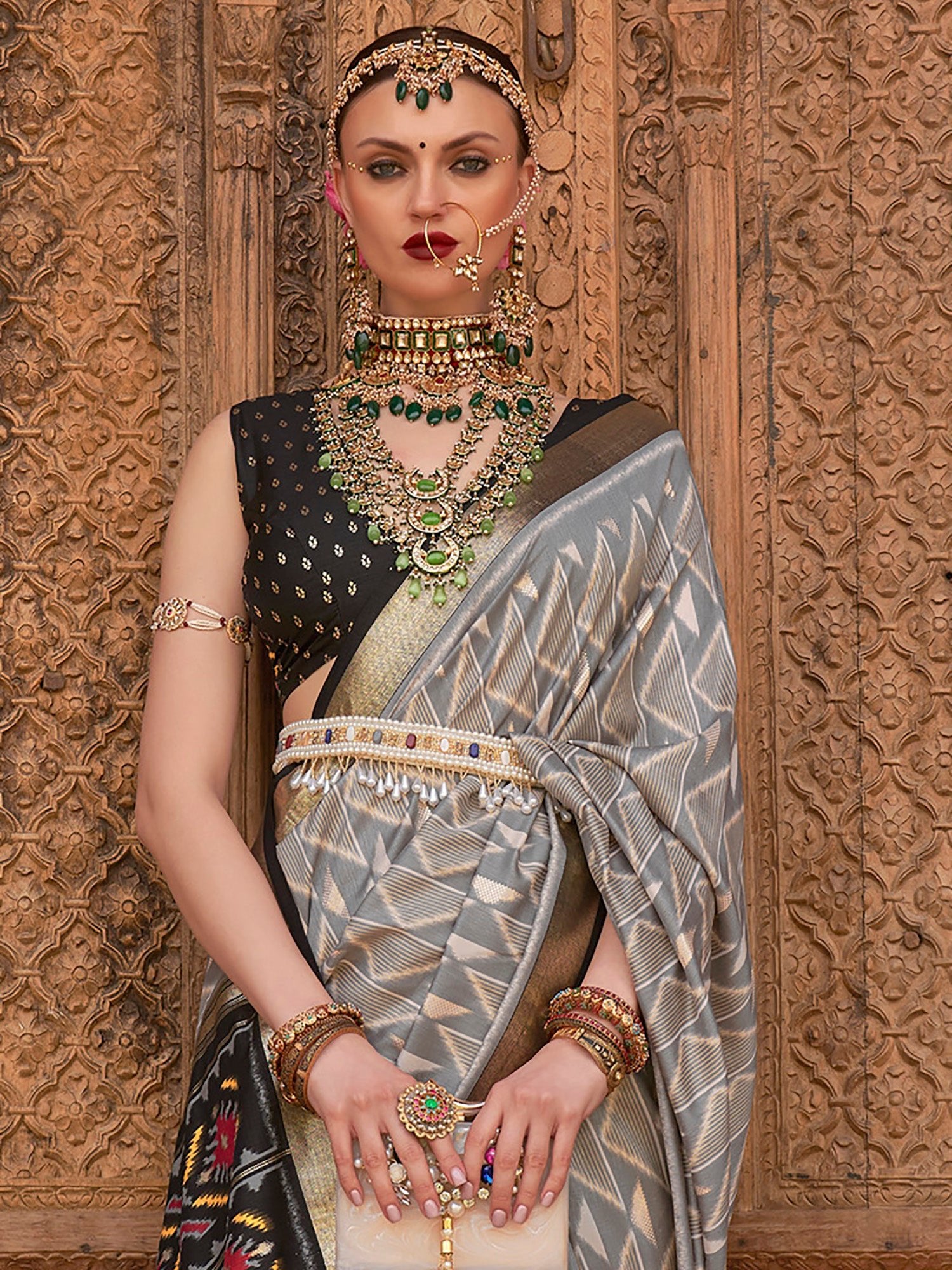 Grey & Black Silk Patola Print Saree - Ressa
