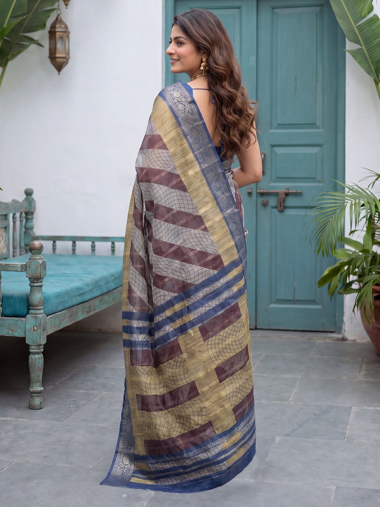 Grey & Blue Tissue Striped Saree - Ressa
