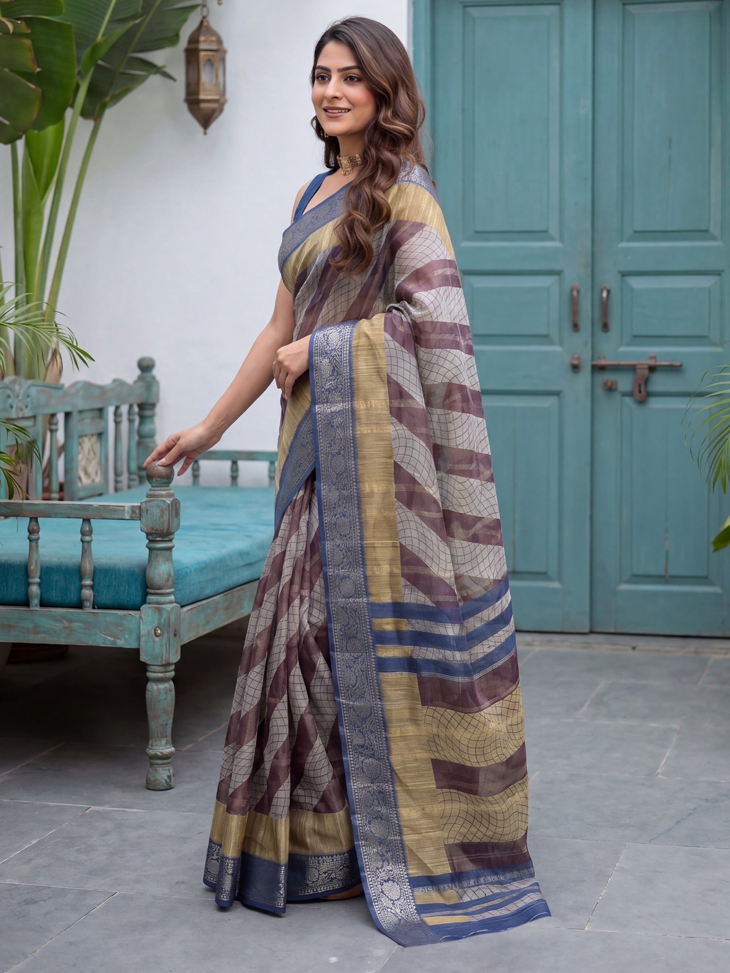 Grey & Blue Tissue Striped Saree - Ressa