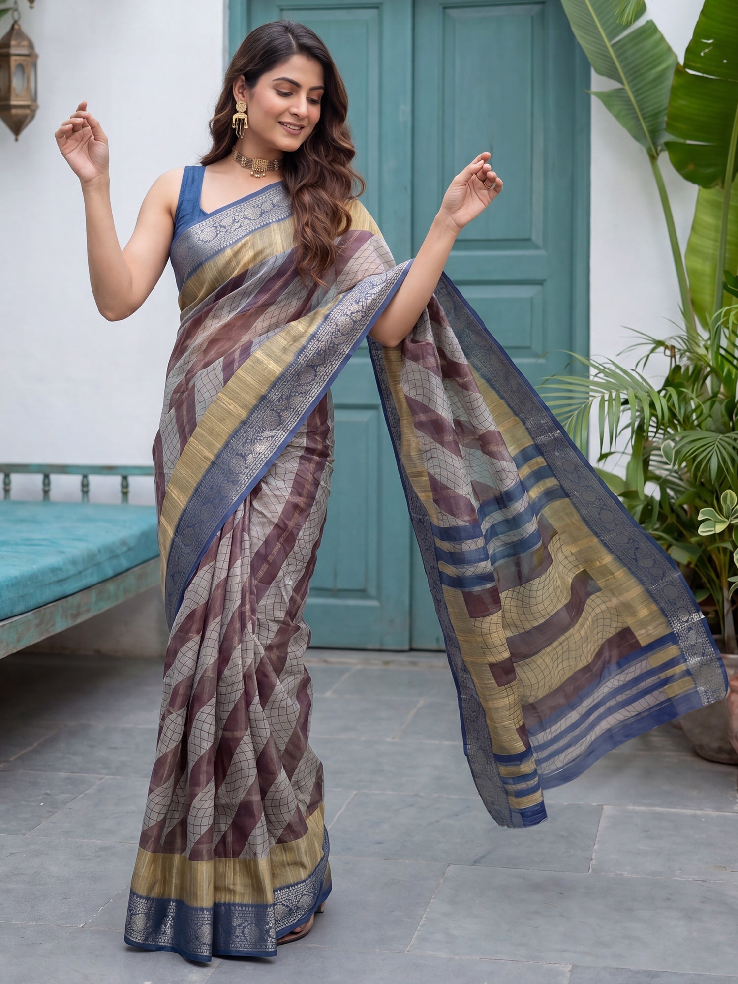Grey & Blue Tissue Striped Saree - Ressa
