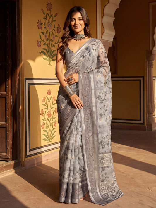 Grey Floral Printed Georgette Saree - Ressa