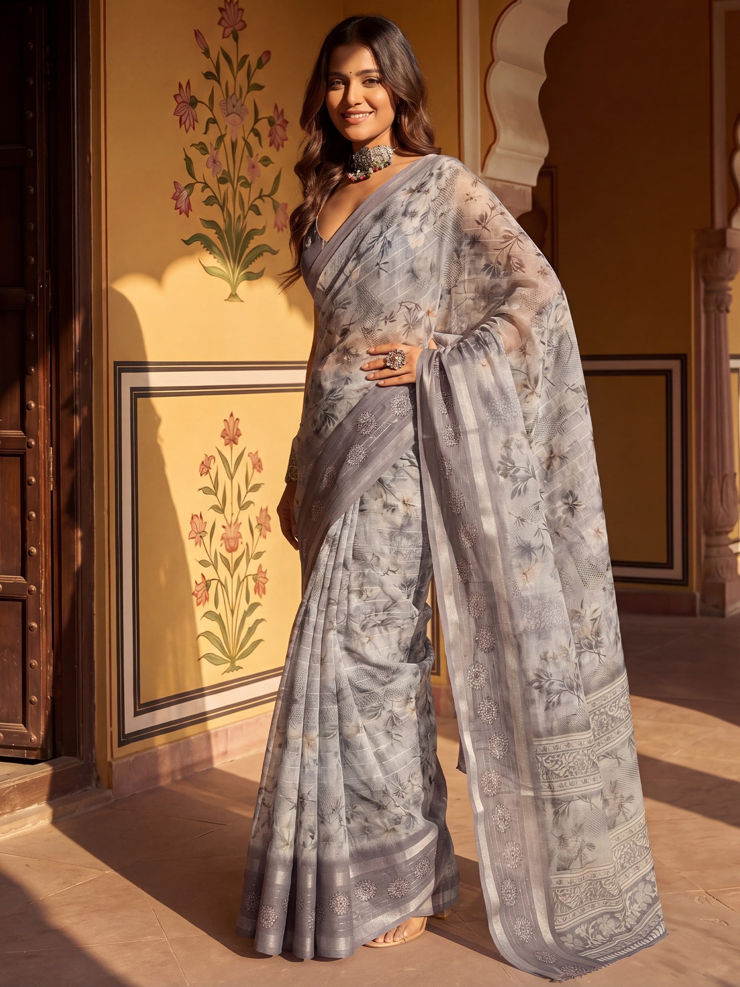 Grey Floral Printed Georgette Saree - Ressa