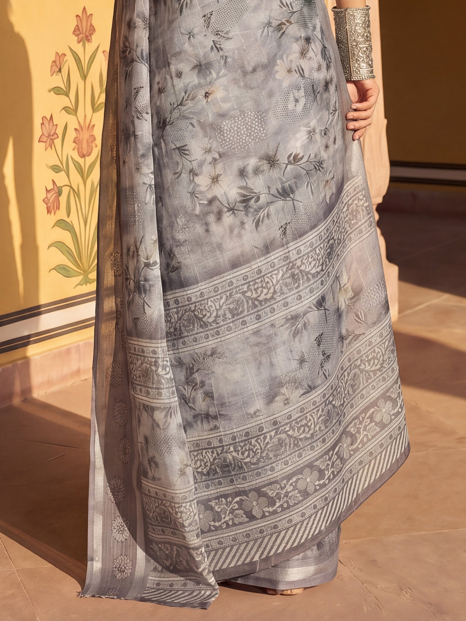 Grey Floral Printed Georgette Saree - Ressa