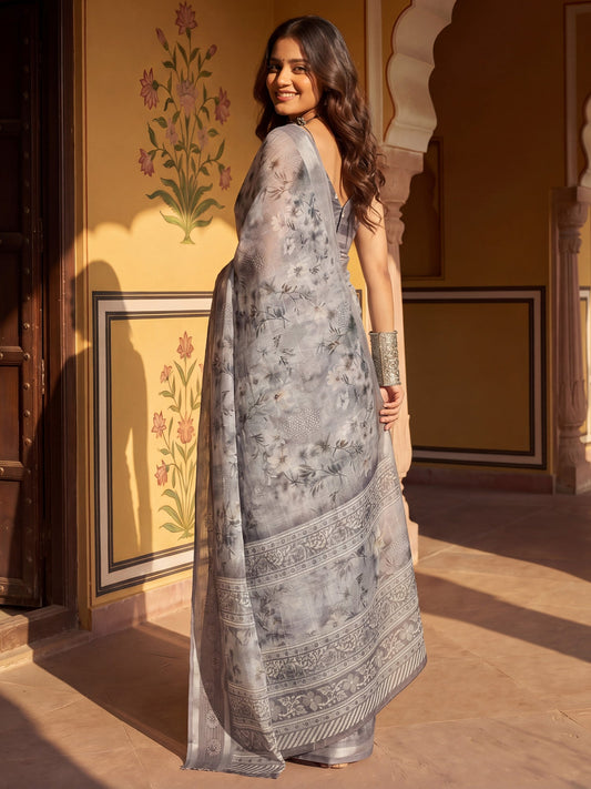 Grey Floral Printed Georgette Saree - Ressa