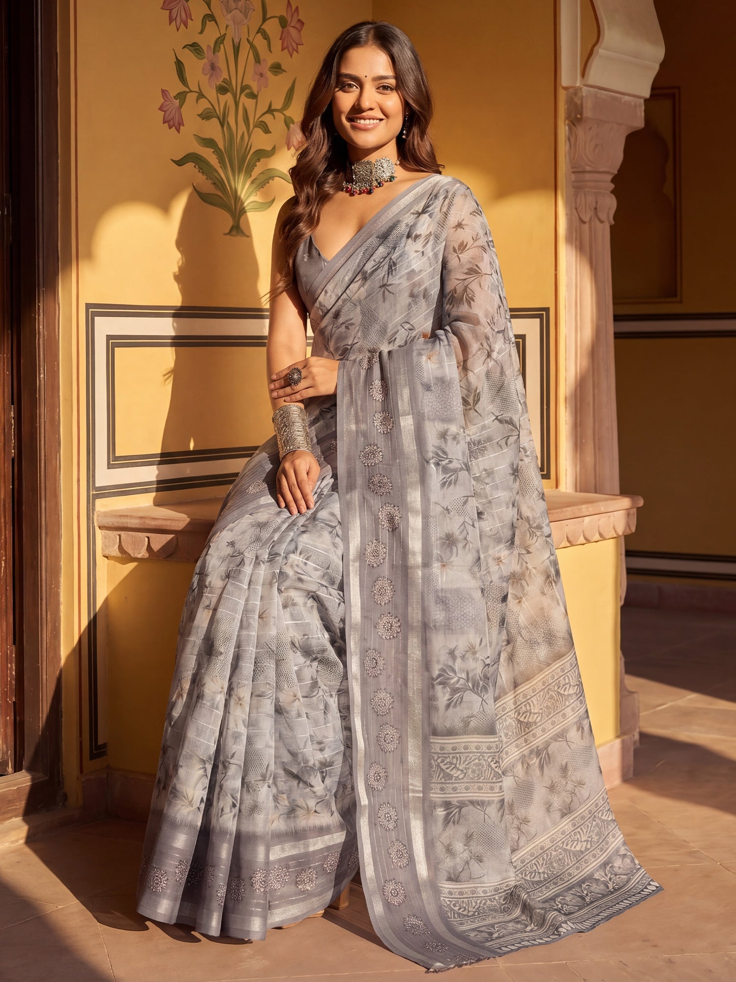 Grey Floral Printed Georgette Saree - Ressa