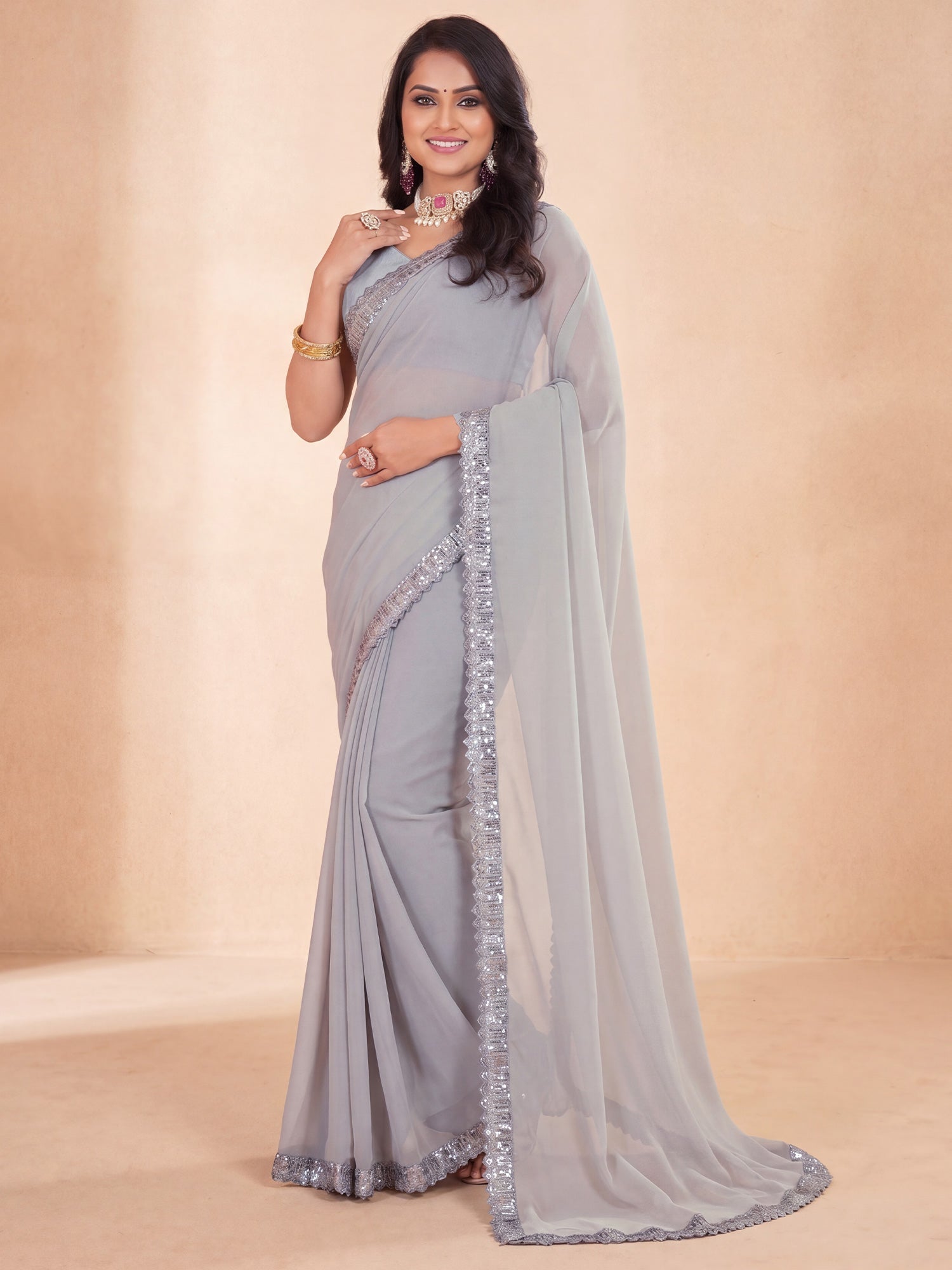 Grey Georgette Silk Blend Silver Sequin Border Saree - Ressa
