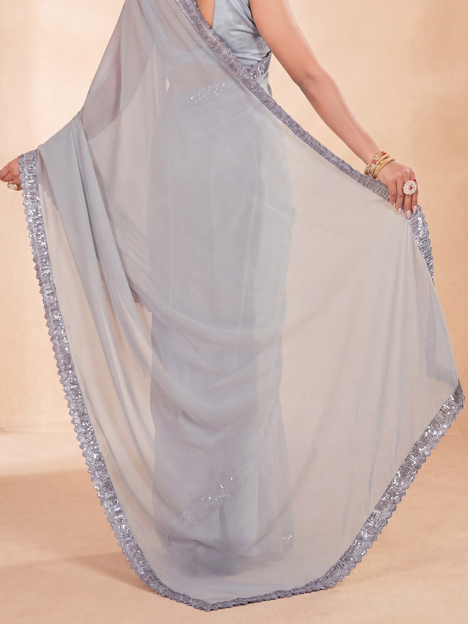Grey Georgette Silk Blend Silver Sequin Border Saree - Ressa