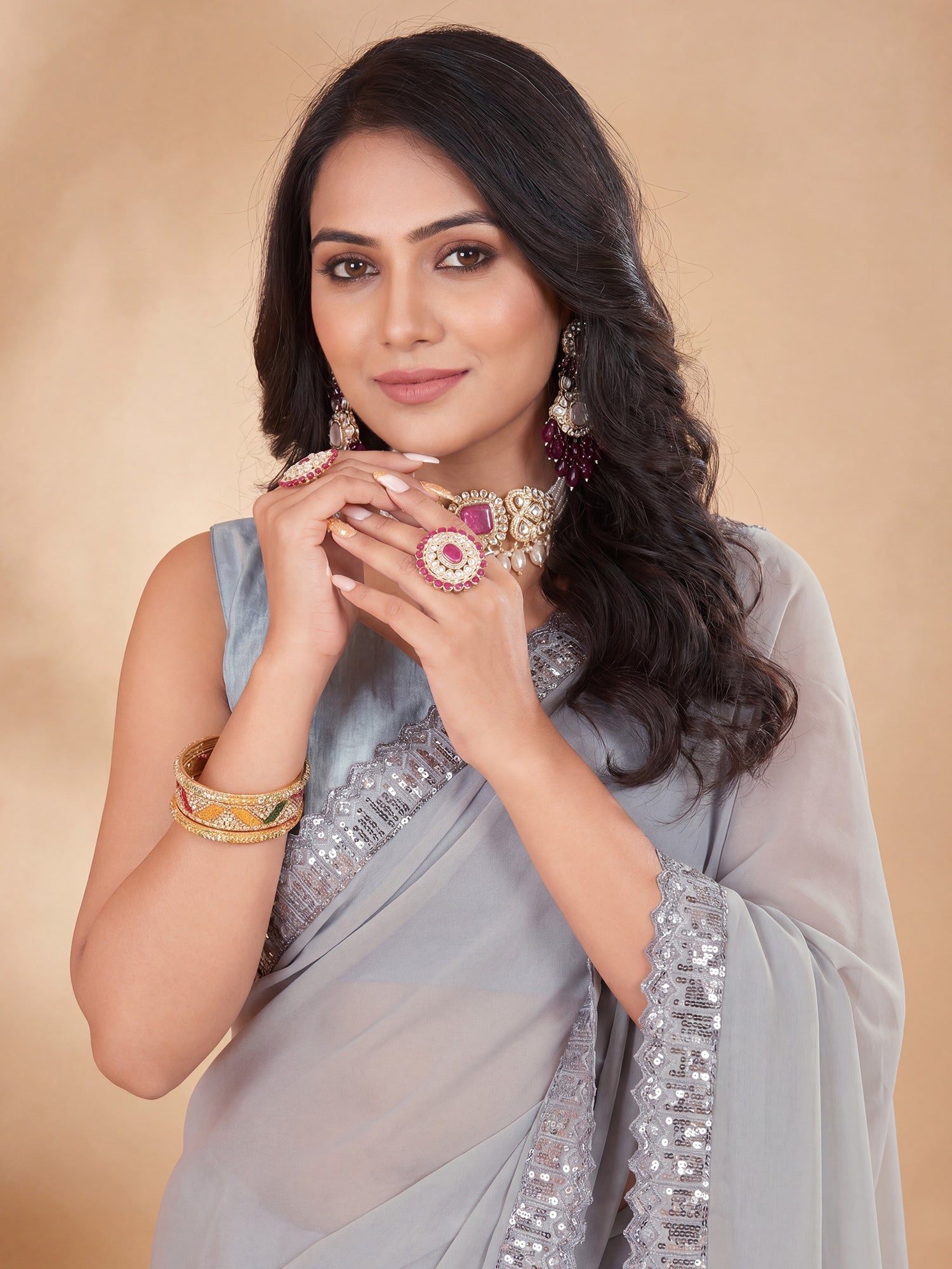 Grey Georgette Silk Blend Silver Sequin Border Saree - Ressa