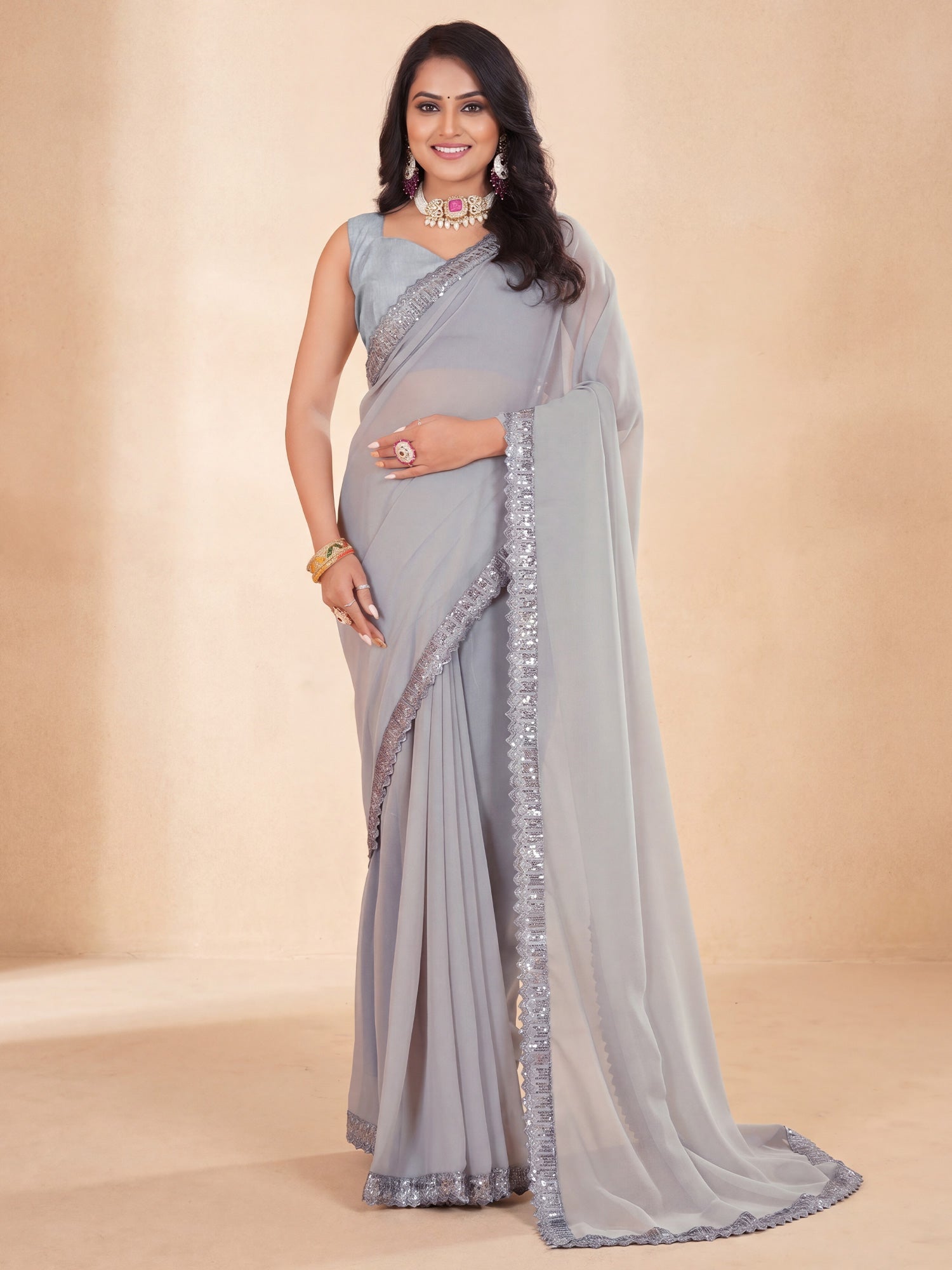 Grey Georgette Silk Blend Silver Sequin Border Saree - Ressa