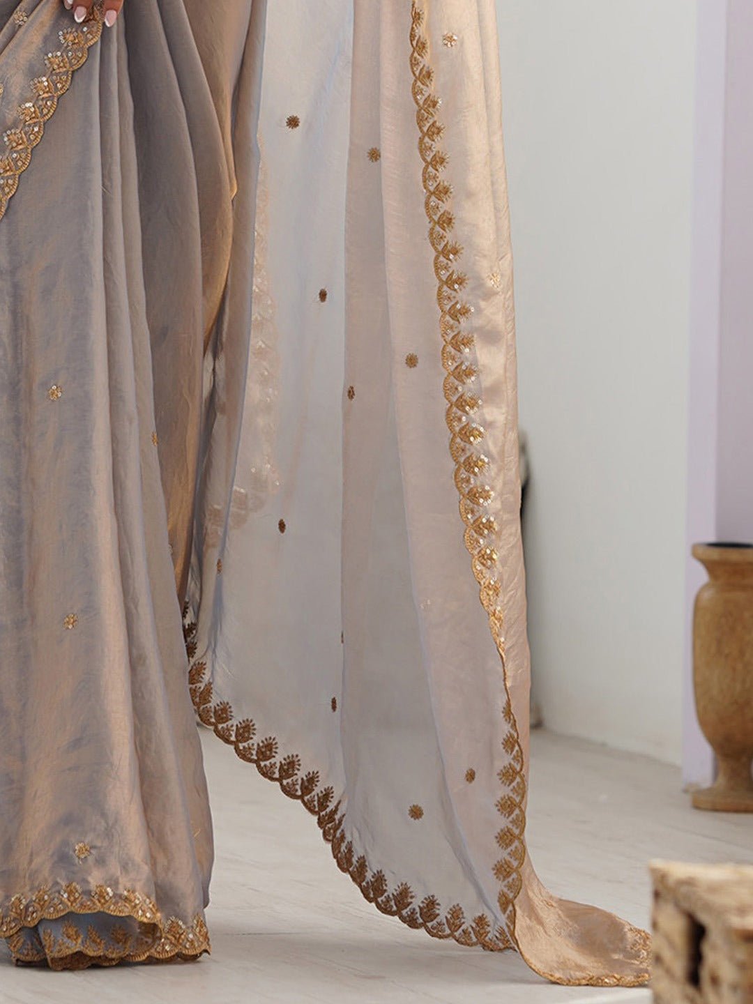 Grey Gold Satin Silk Saree - Ressa
