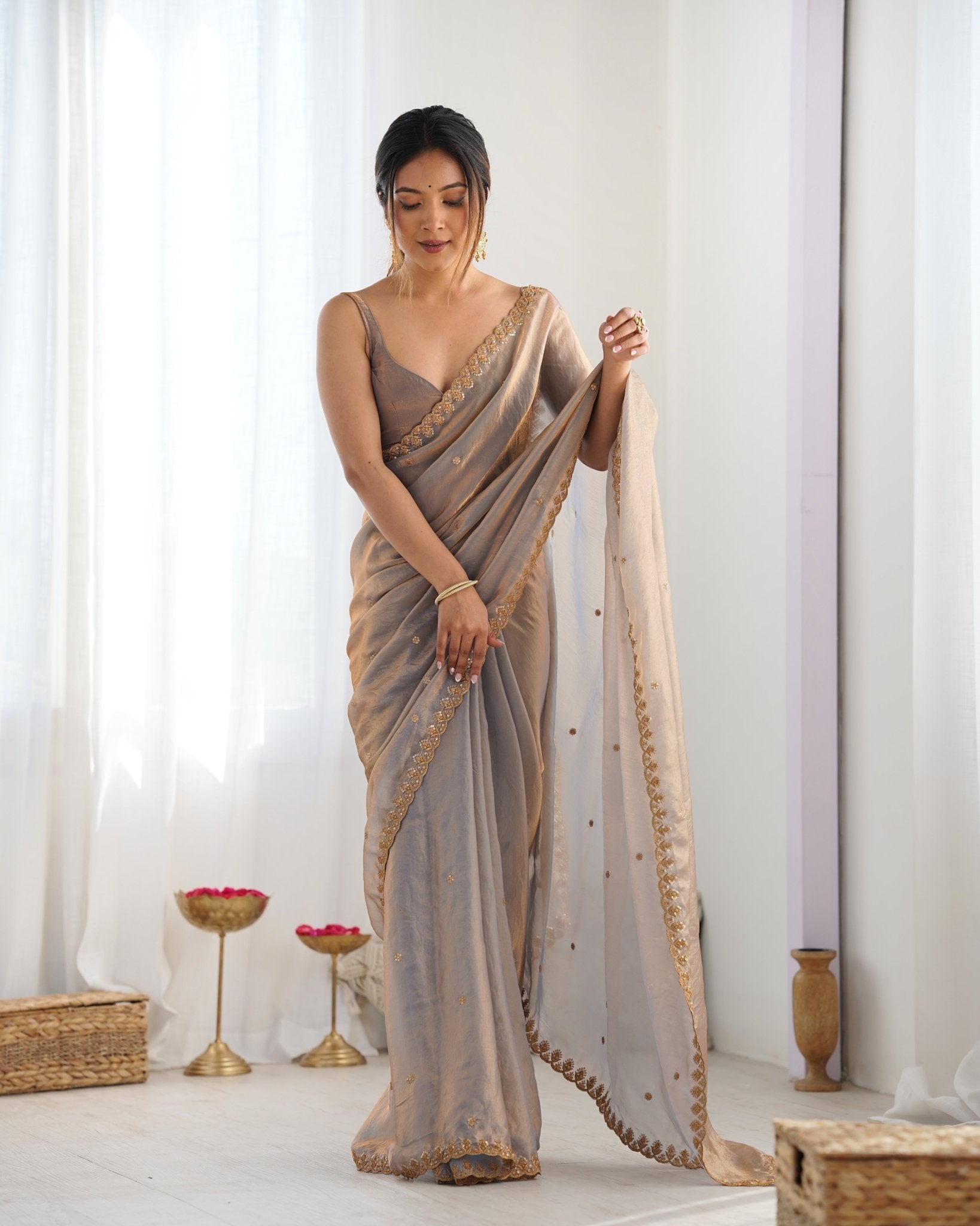 Grey Gold Satin Silk Saree - Ressa