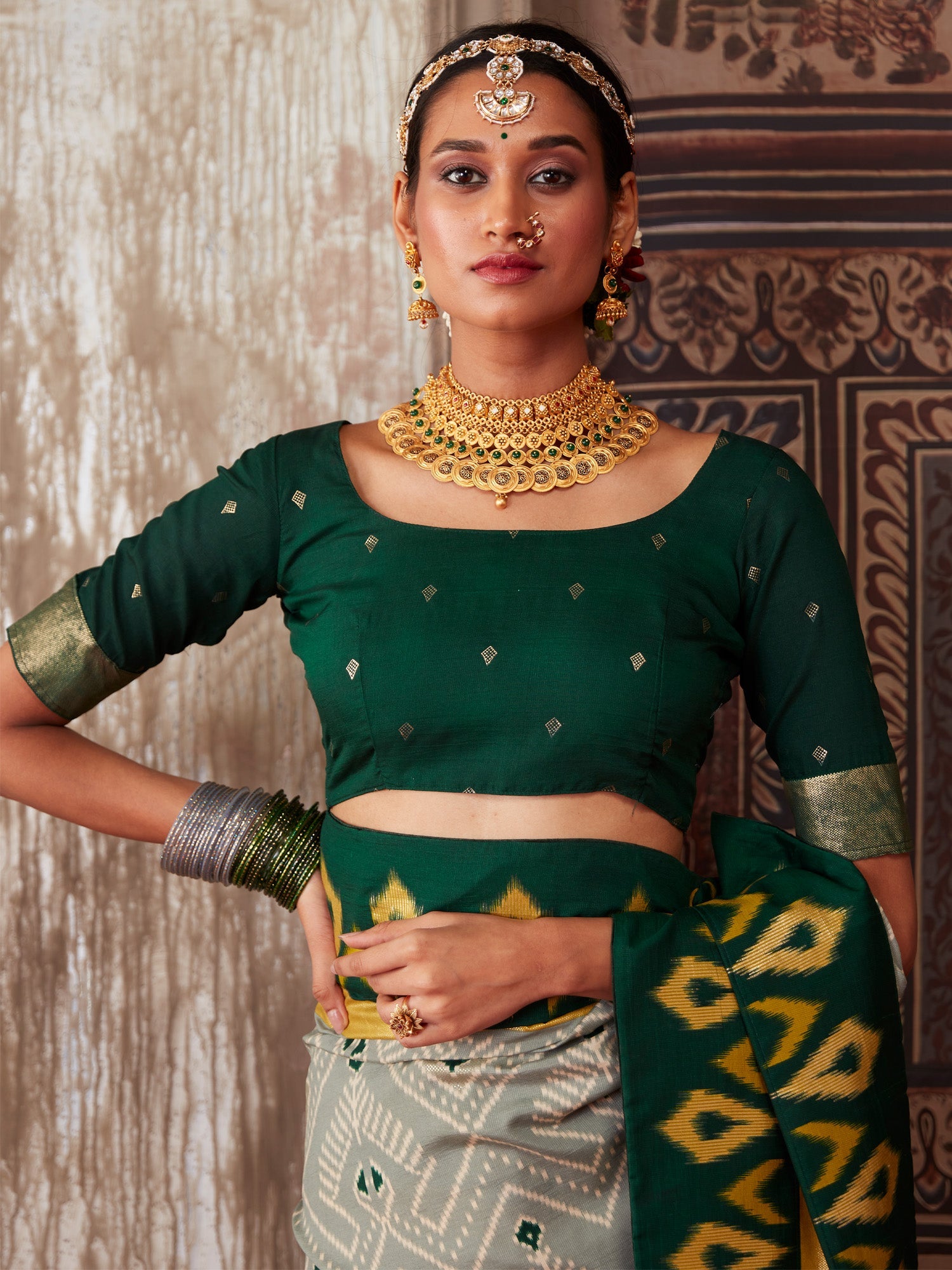 Grey & Green Ikkat Print Saree - Ressa