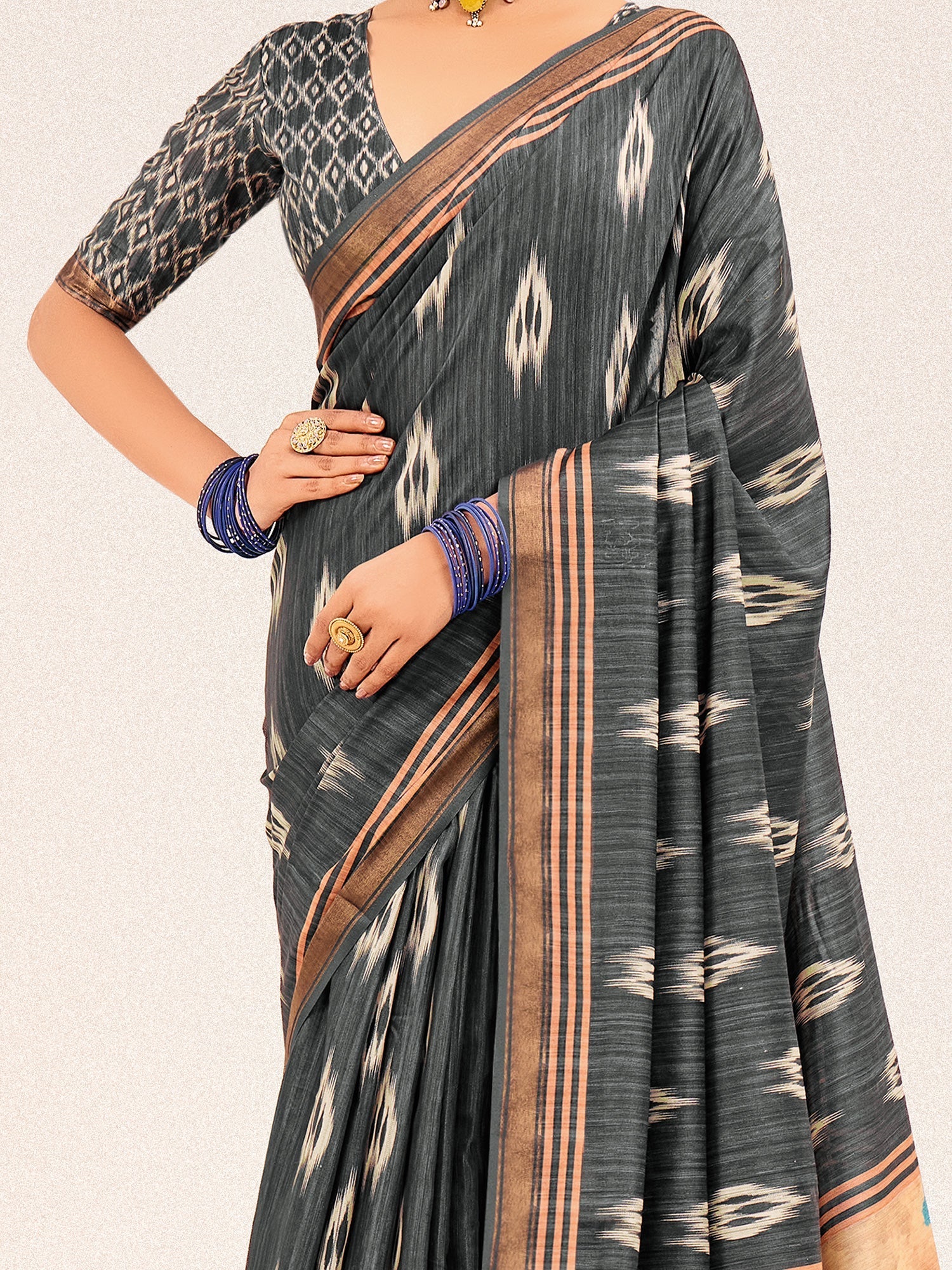 Grey Ikat Silk Saree with Scenic Digital Print Pallu - Ressa