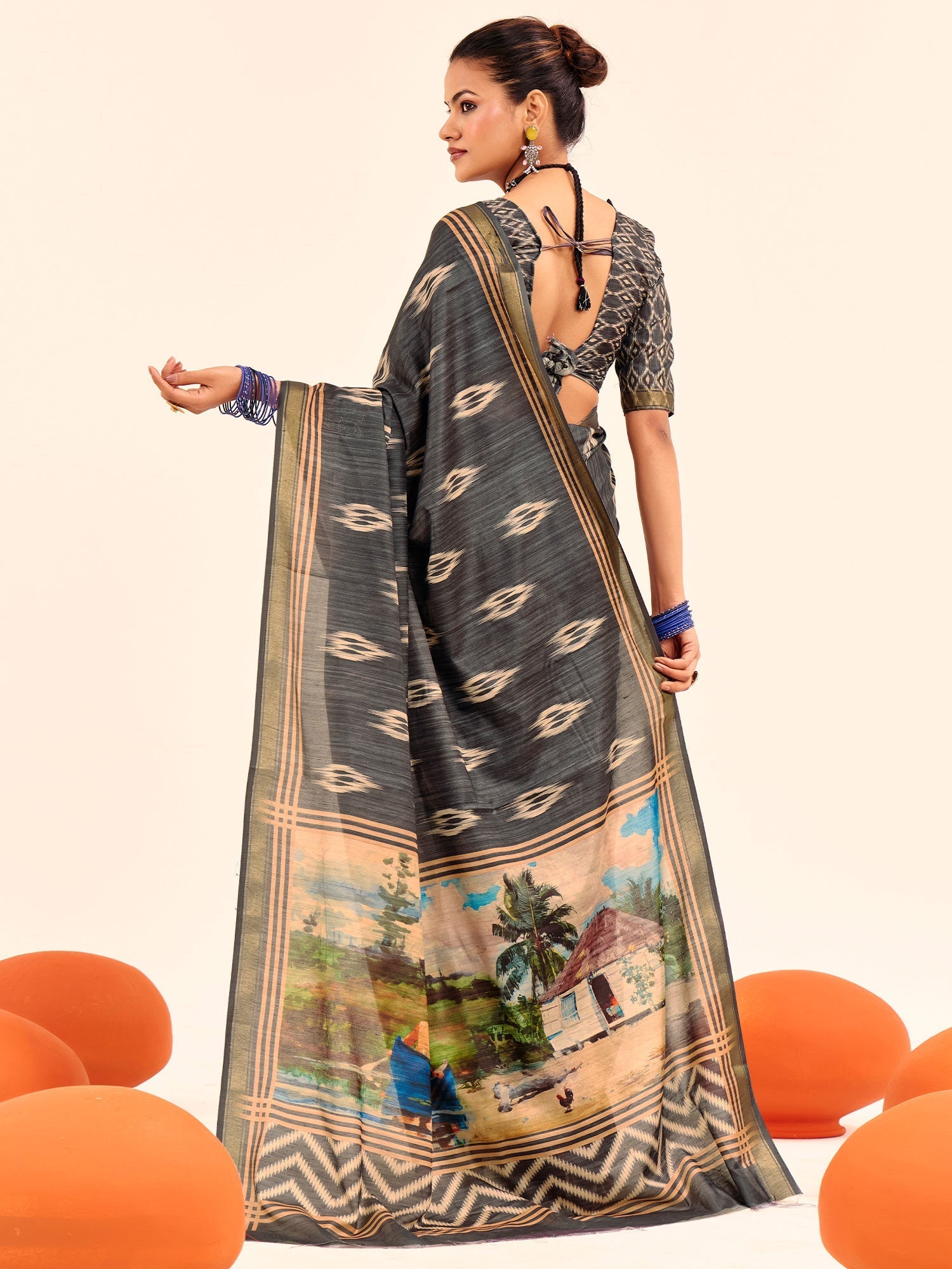 Grey Ikat Silk Saree with Scenic Digital Print Pallu - Ressa