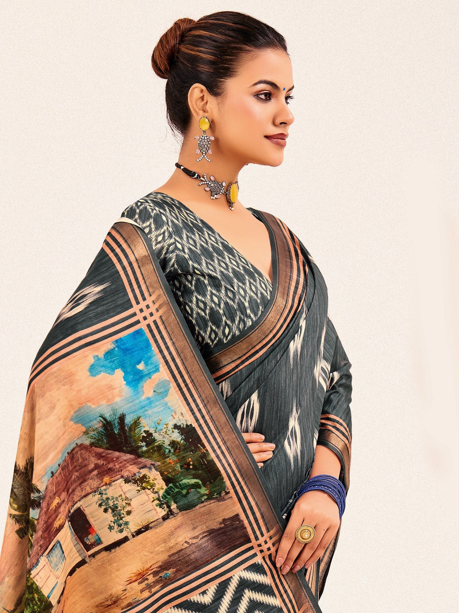Grey Ikat Silk Saree with Scenic Digital Print Pallu - Ressa