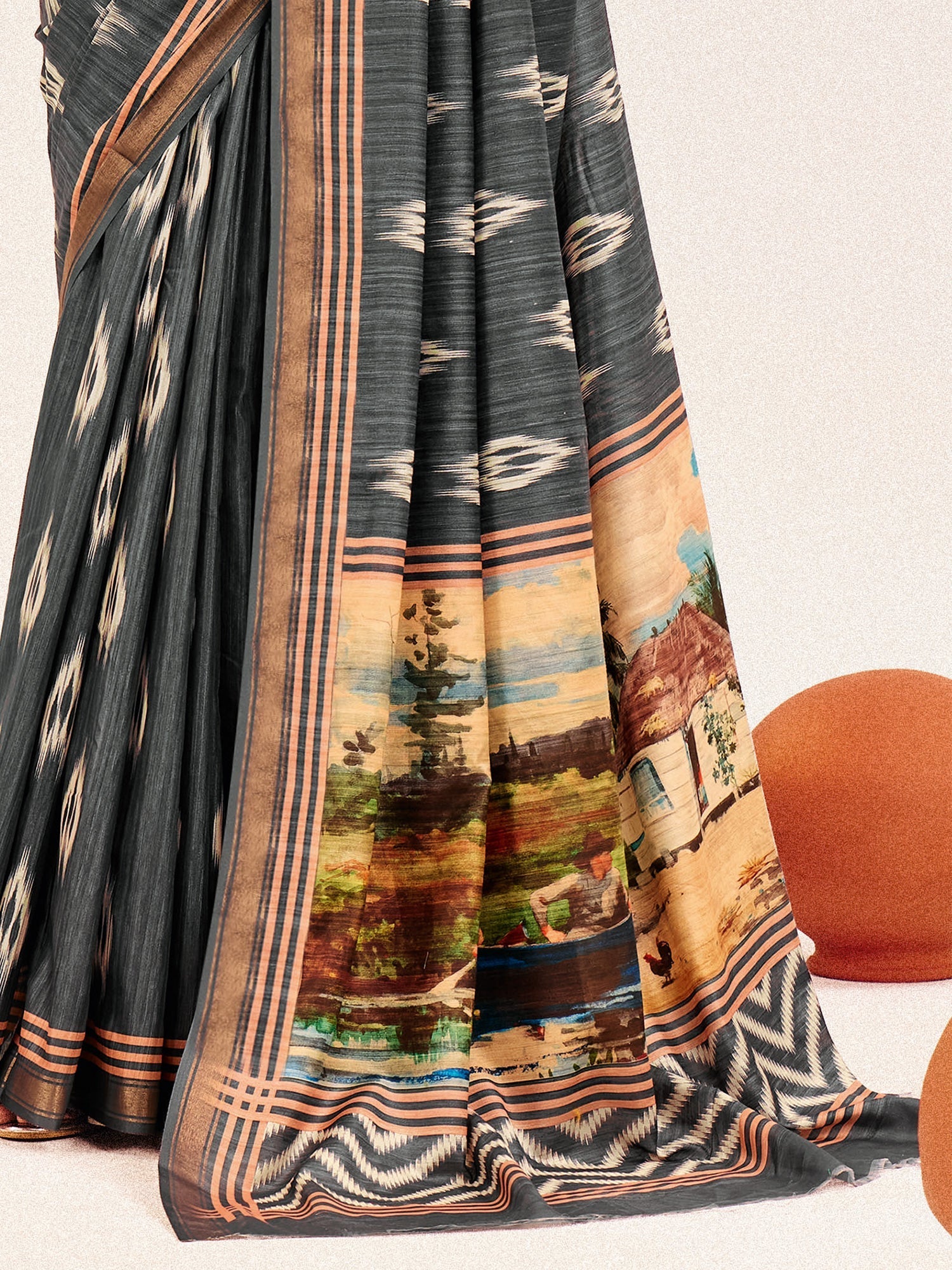 Grey Ikat Silk Saree with Scenic Digital Print Pallu - Ressa